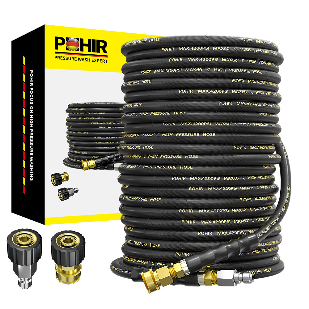 POHIR Pressure Washer Hose with 3/8 Inch Quick Connect, Kink Resistant High Tensile Wire Braided,with 2 pcs M22 14mm Adapter Set, 4200 PSI Power Washer Hose