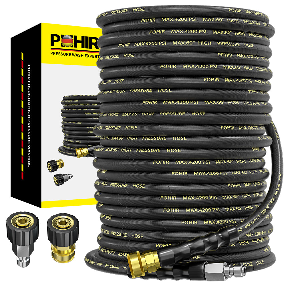 POHIR Pressure Washer Hose with 3/8 Inch Quick Connect, Kink Resistant High Tensile Wire Braided,with 2 pcs M22 14mm Adapter Set, 4200 PSI Power Washer Hose