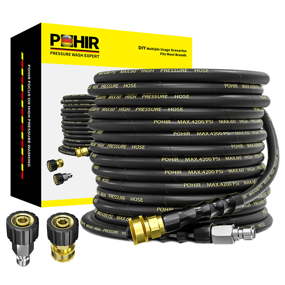 POHIR Pressure Washer Hose with 3/8 Inch Quick Connect, Kink Resistant High Tensile Wire Braided,with 2 pcs M22 14mm Adapter Set, 4200 PSI Power Washer Hose