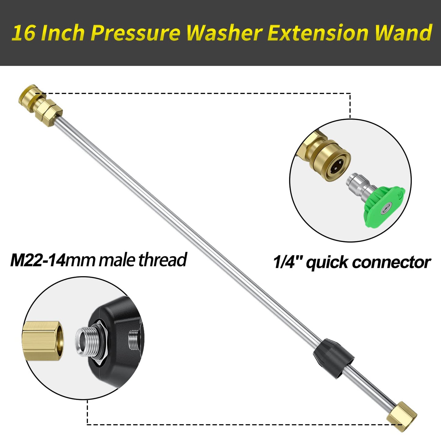 POHIR Pressure Washer Gun 3600 PSI with 3/8'' Swivel Quick Connect Extension Wand, M22 15mm and M22 14mm Fitting 30 Inch 7 Nozzle Tips, Yellow