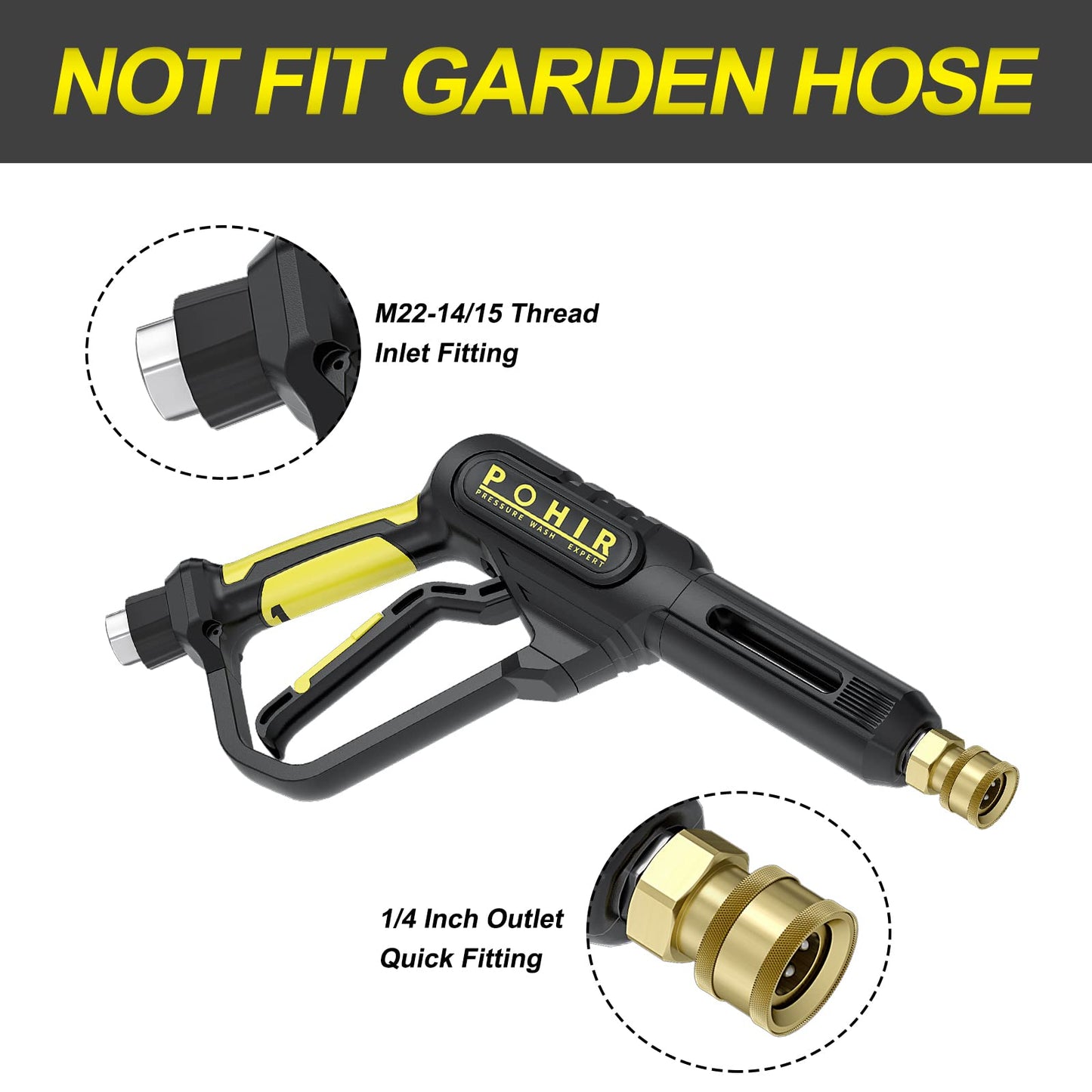 POHIR Pressure Washer Gun 3600 PSI with 3/8'' Swivel Quick Connect Extension Wand, Fitting M22 15mm and M22 14mm with 7 Nozzle Tips, Longer 35 Inch