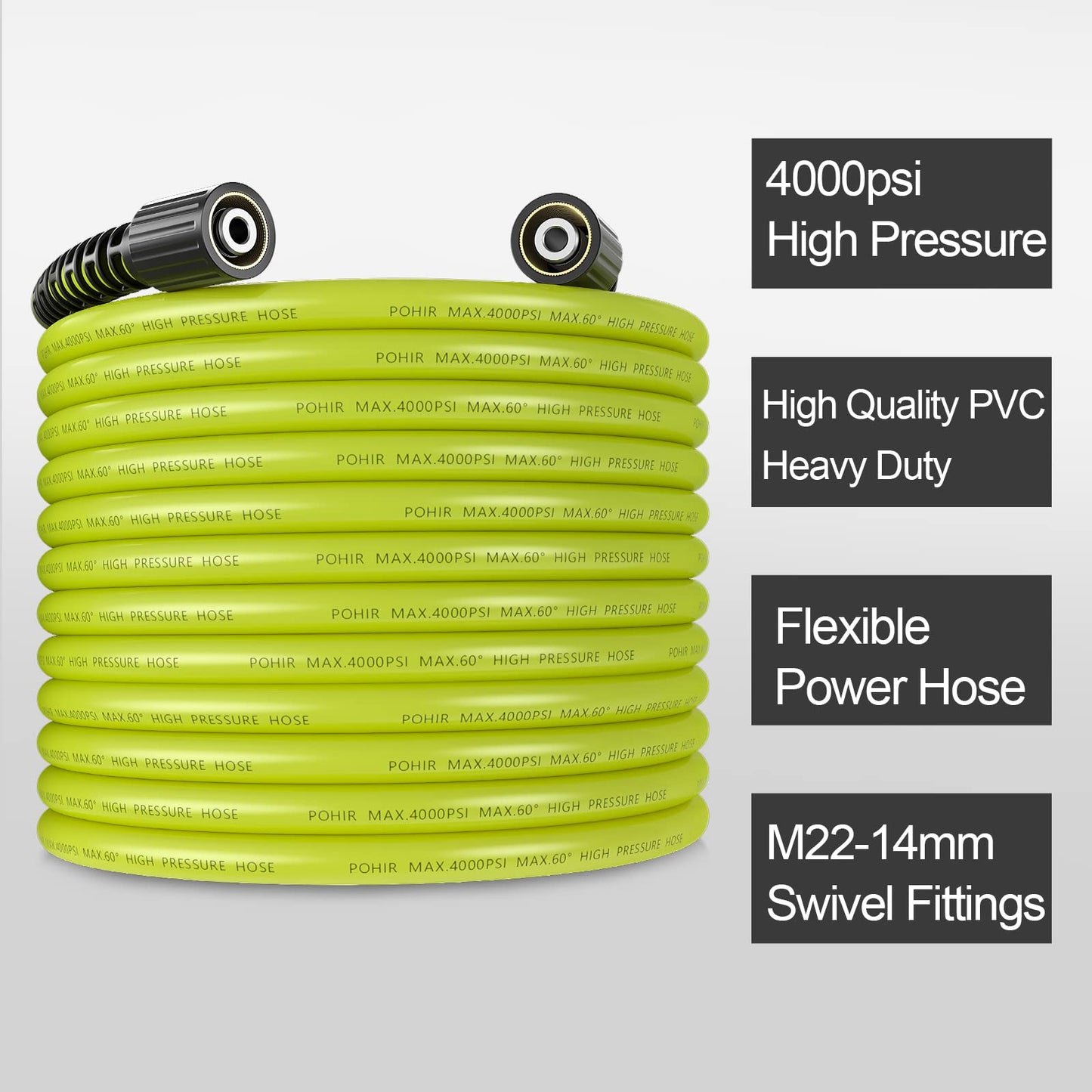 POHIR Pressure Washer Hose 100ft*1/4 with 1/4 Quick Connect Fittings, Kink Free 4000 PSI  M22 14/15mm Thread Compatible