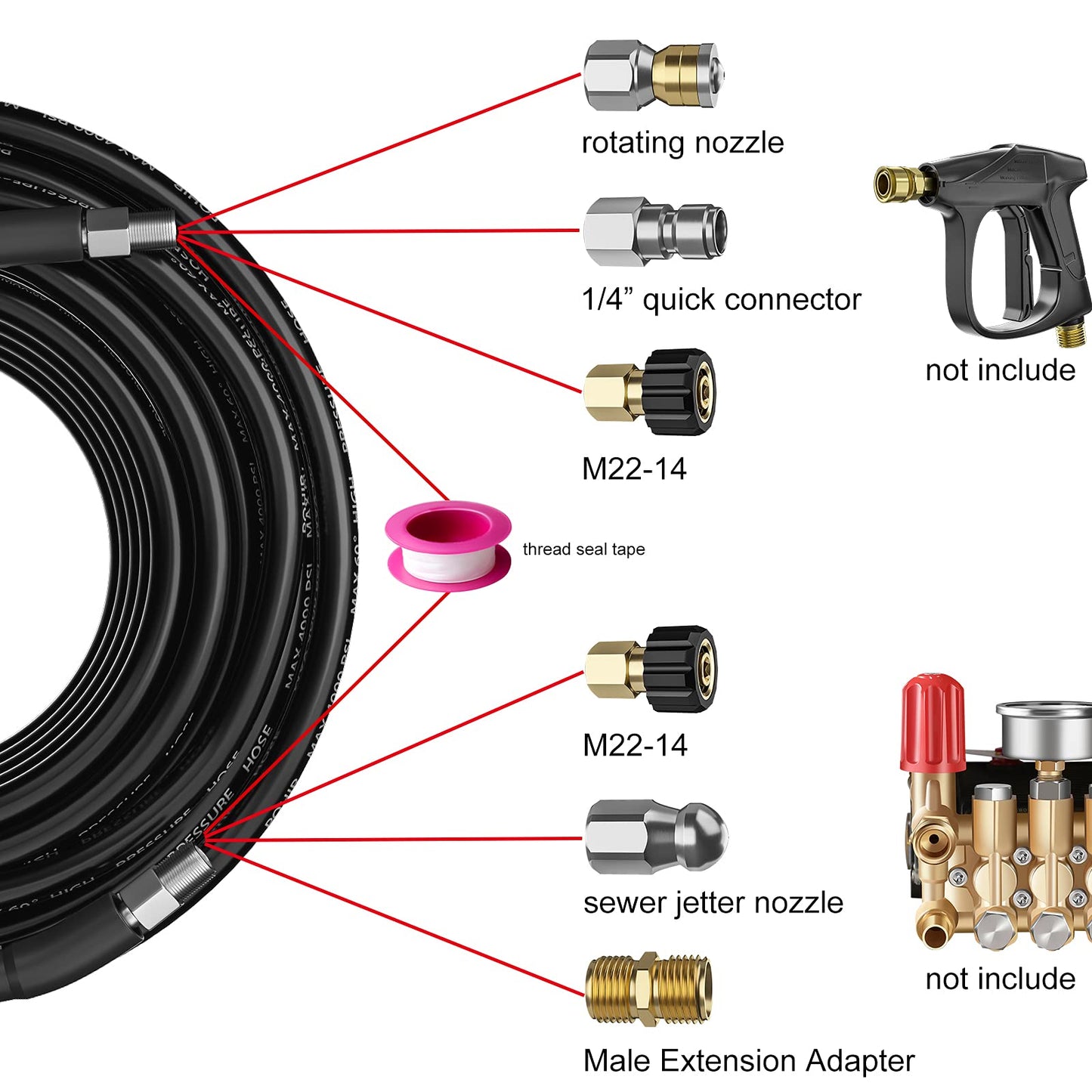 POHIR Sewer Jetter Kit for Pressure Washer 100 ft, Hydro Drain Jetter Cleaner Hose with 1/4 Female NPT, Button Nose, Rotating Sewer Jet Nozzle and Pressure Washer Adapter, 4000 PSI Drain Cleaner Hose