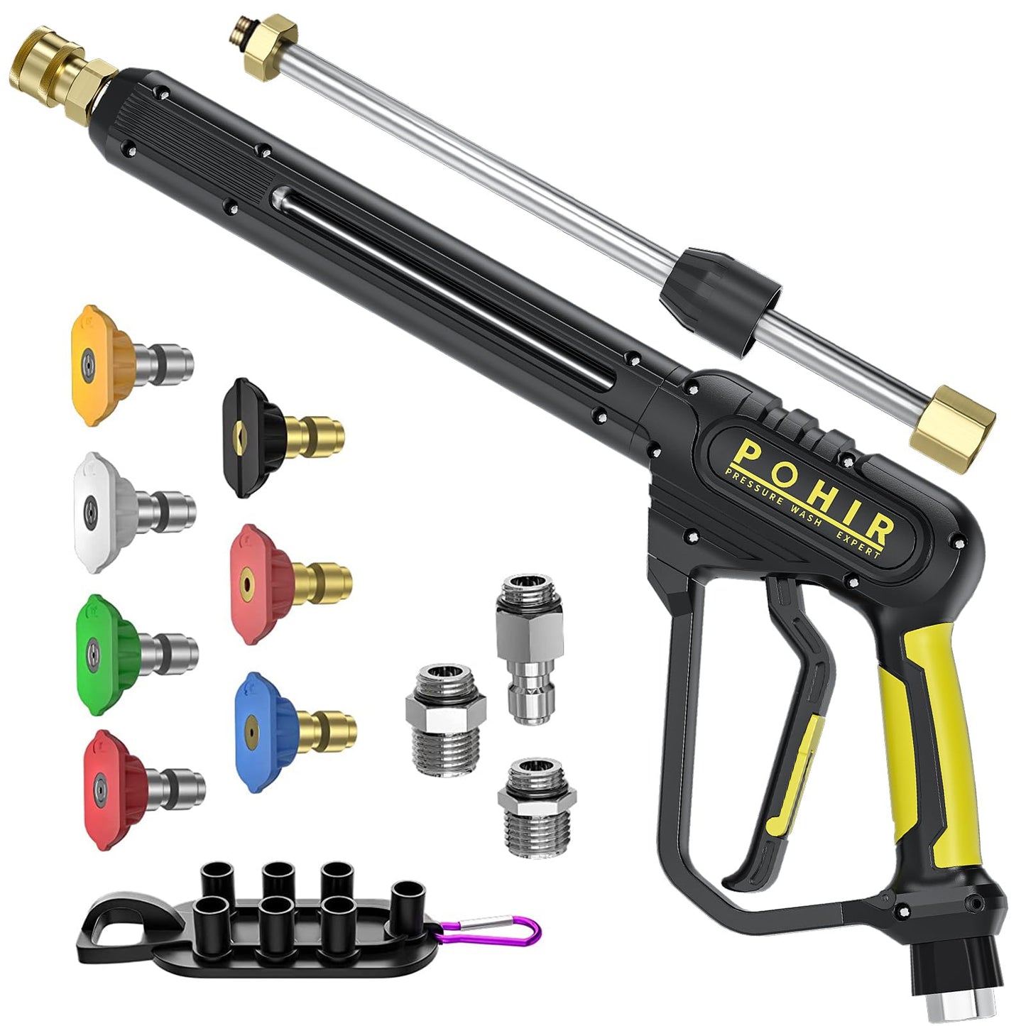 POHIR Pressure Washer Gun 3600 PSI with 3/8'' Swivel Quick Connect Extension Wand, Fitting M22 15mm and M22 14mm with 7 Nozzle Tips, Longer 35 Inch