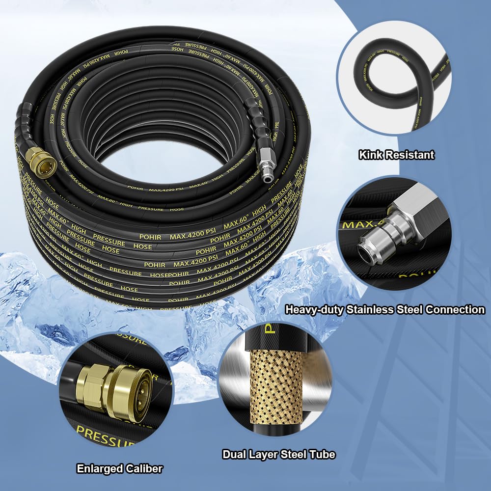 POHIR Pressure Washer Hose with 3/8 Inch Quick Connect, Kink Resistant High Tensile Wire Braided,with 2 pcs M22 14mm Adapter Set, 4200 PSI Power Washer Hose