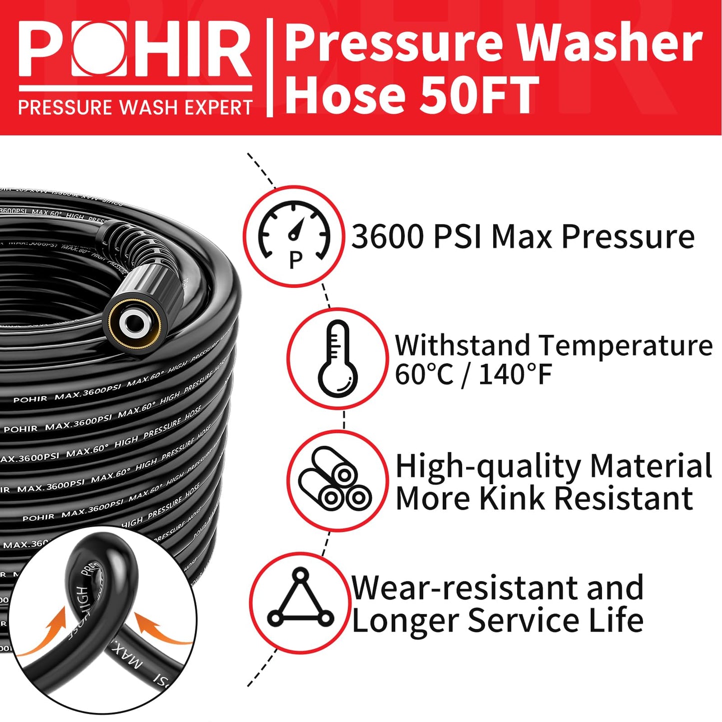 POHIR 3600PSI Pressure Washer Gun and 50FT Black Hose Kit