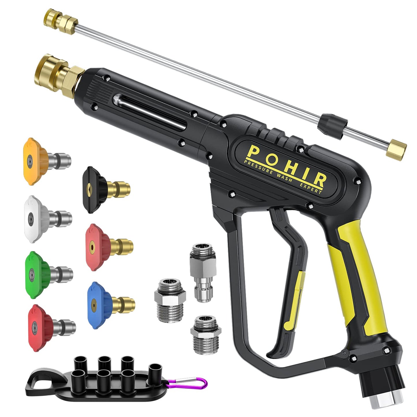 POHIR Pressure Washer Gun 3600 PSI with 3/8'' Swivel Quick Connect Extension Wand, M22 15mm and M22 14mm Fitting 30 Inch 7 Nozzle Tips, Yellow