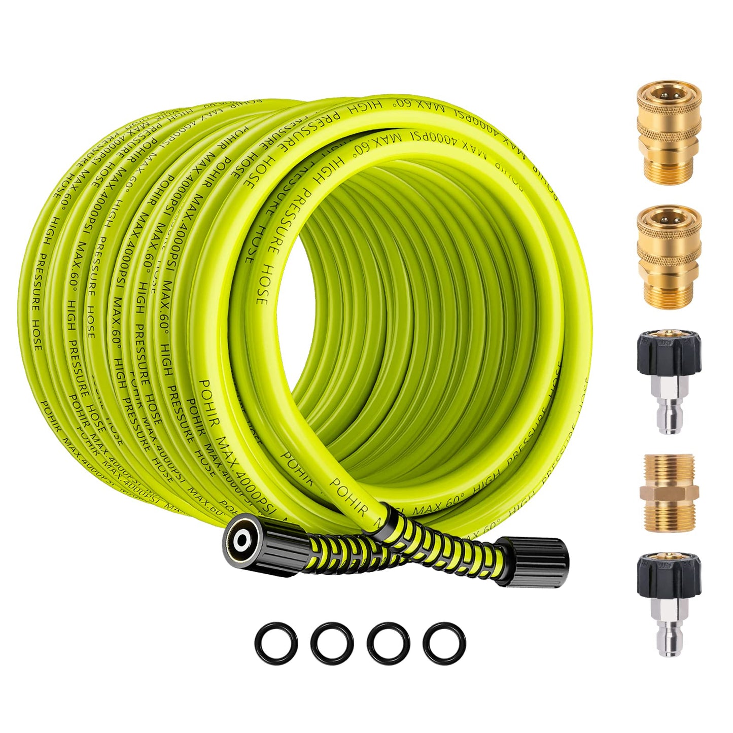 POHIR Pressure Washer Hose 100ft*1/4 with 1/4 Quick Connect Fittings, Kink Free 4000 PSI  M22 14/15mm Thread Compatible