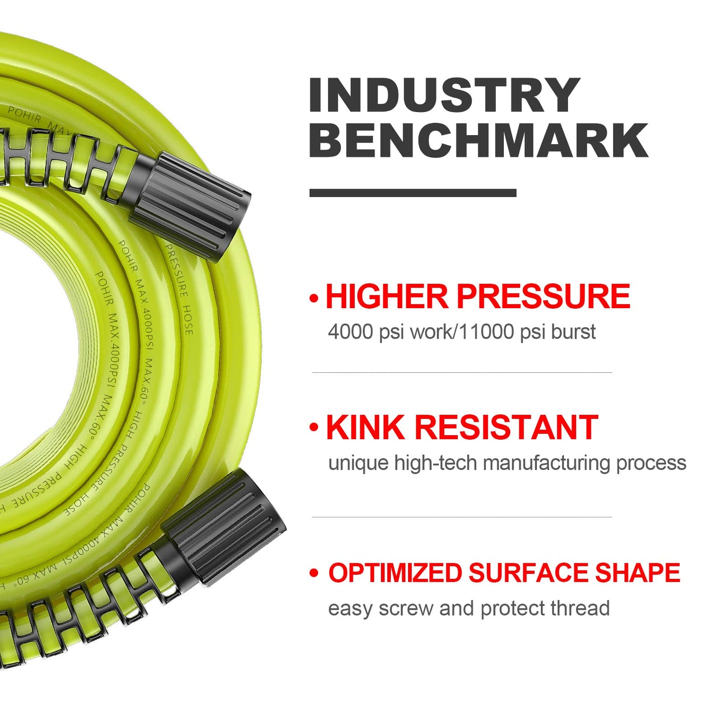 POHIR Pressure Washer Hose 100ft*1/4 with 1/4 Quick Connect Fittings, Kink Free 4000 PSI  M22 14/15mm Thread Compatible