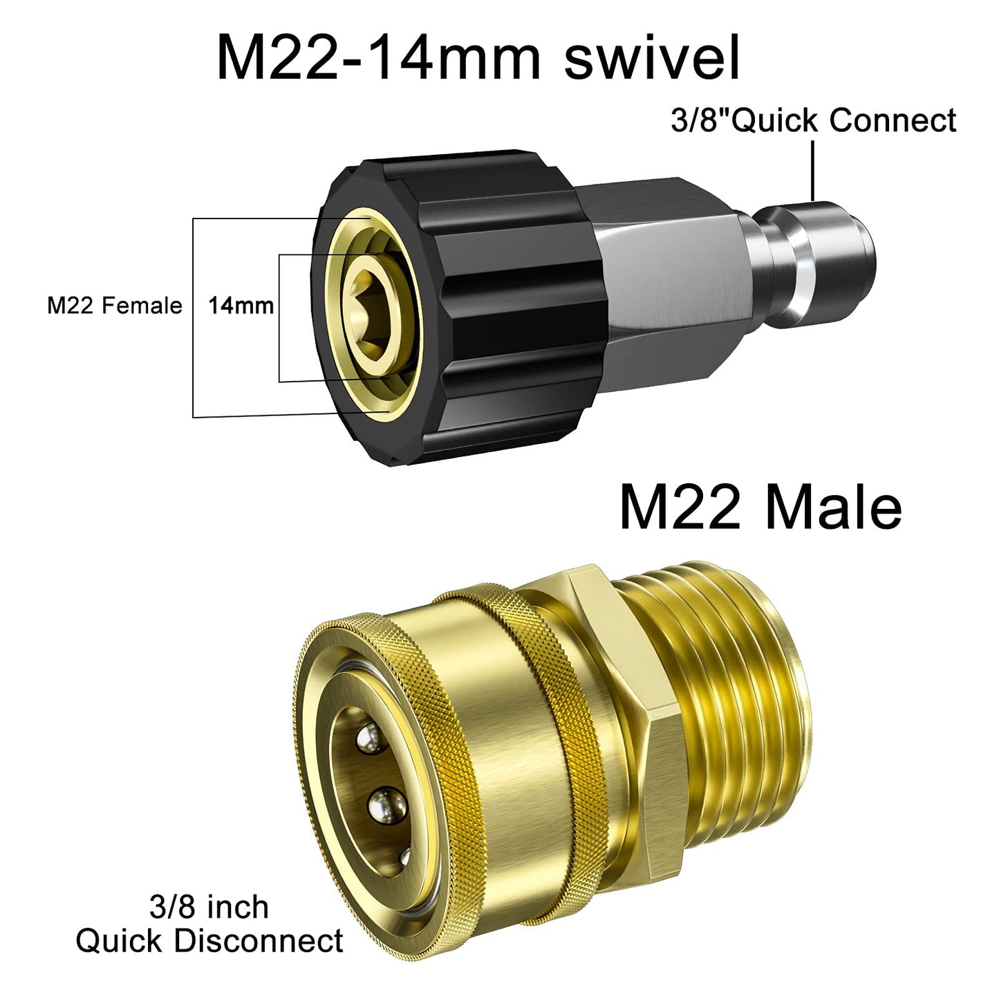 POHIR Pressure Washer Quick Connect Adapter, M22-14MM Brass Thread Adapter to 3/8 QC Plug, Female to Male Pressure Washer Fitting, Metric M22 14mm Female Thread to M22 14mm Male Fitting, 5000 PSI