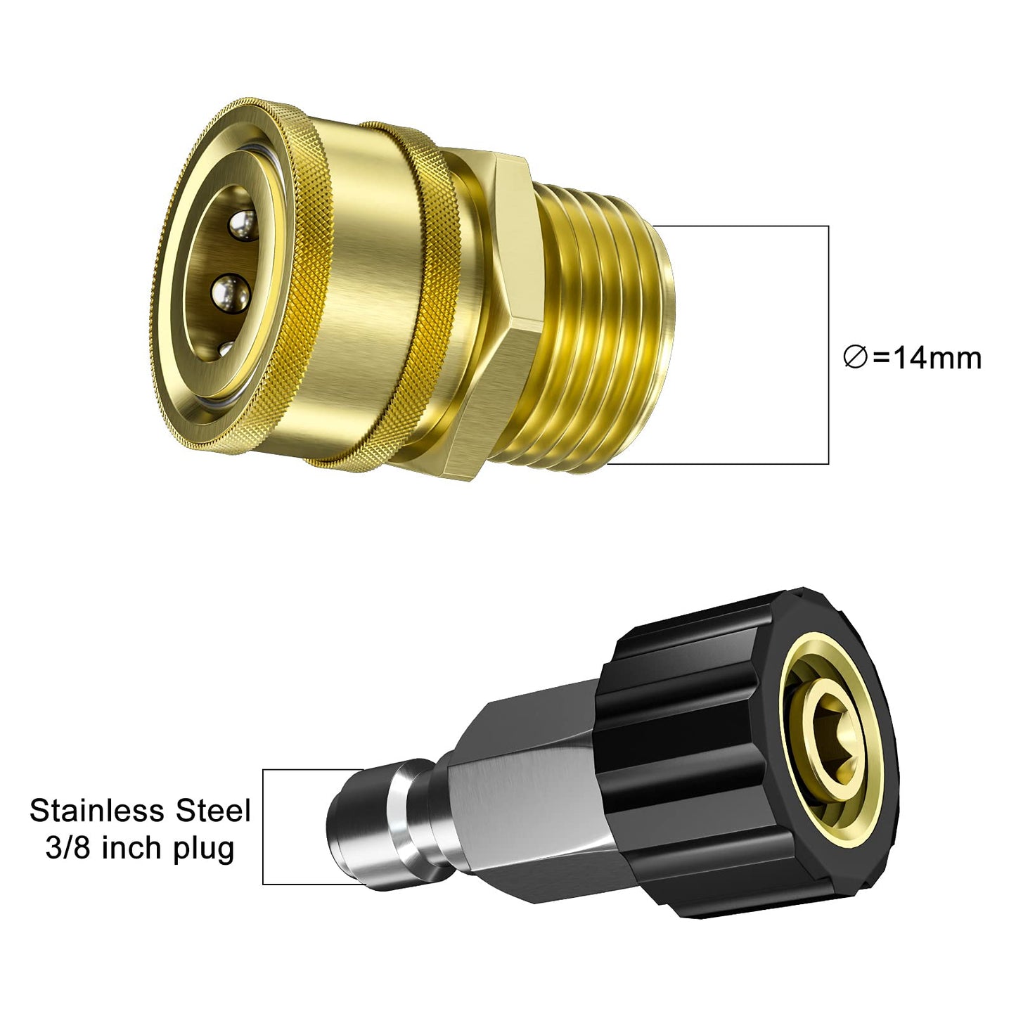 POHIR Pressure Washer Quick Connect Adapter, M22-14MM Brass Thread Adapter to 3/8 QC Plug, Female to Male Pressure Washer Fitting, Metric M22 14mm Female Thread to M22 14mm Male Fitting, 5000 PSI