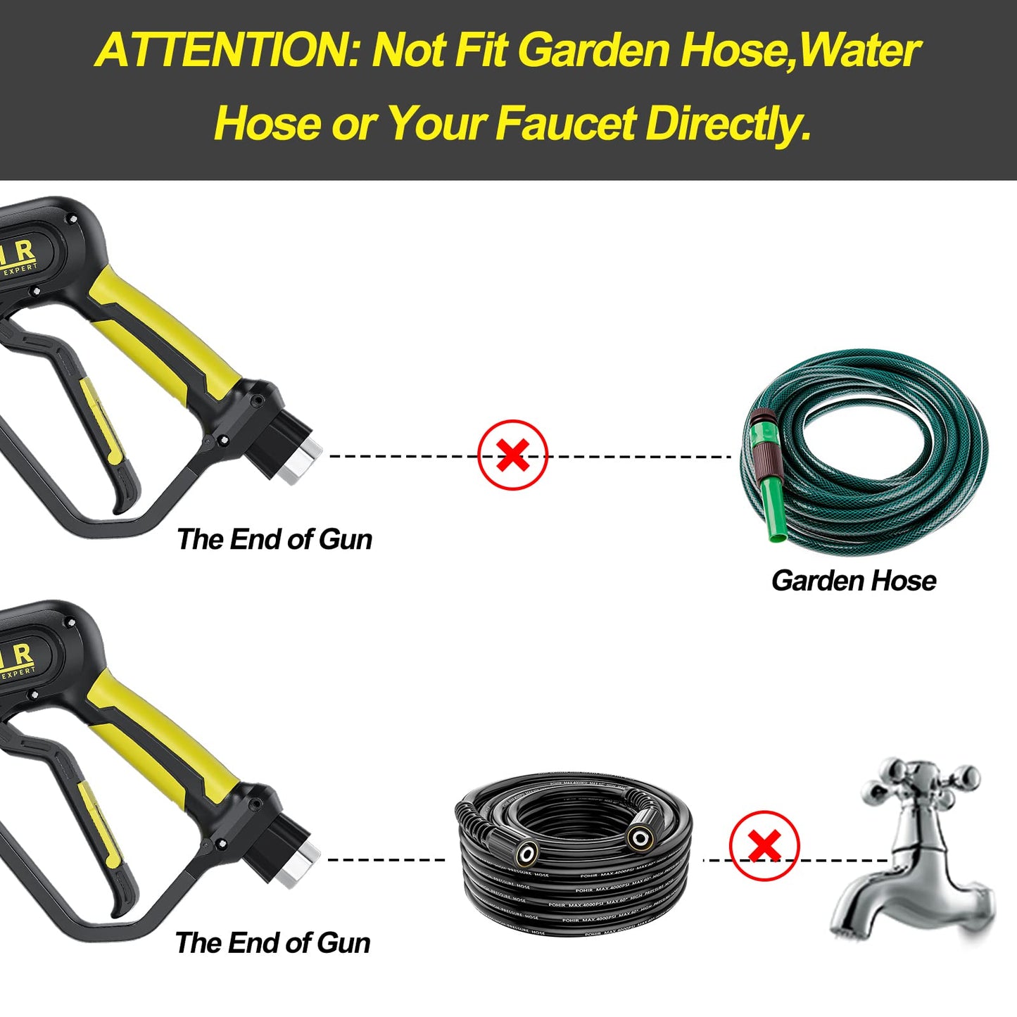 POHIR Pressure Washer Gun 3600 PSI with 3/8'' Swivel Quick Connect Extension Wand, M22 15mm and M22 14mm Fitting 30 Inch 7 Nozzle Tips, Yellow