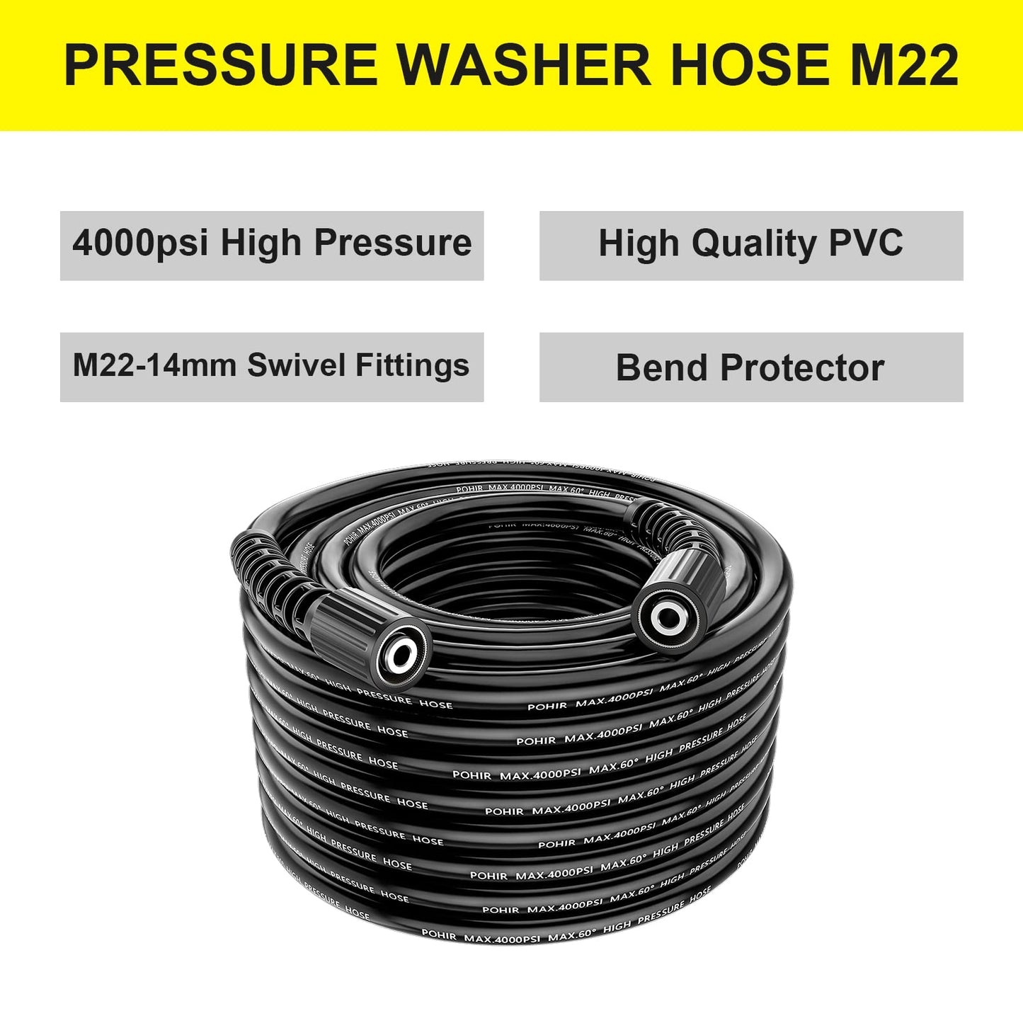 POHIR Pressue Washer Hose 100ft 1/4", 4000 PSI,with M22 Extension Adapter and 4pcs M22 14mm to 3/8 Quick Connect