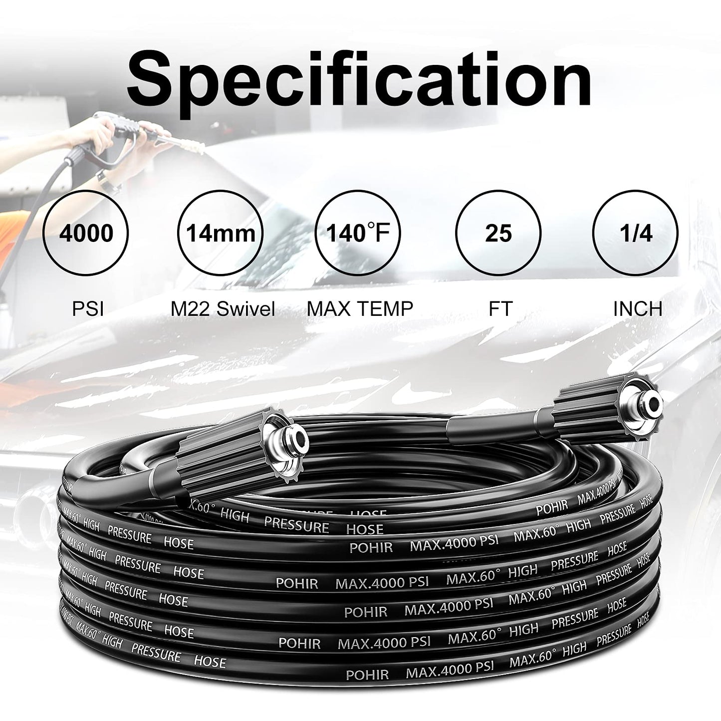 POHIR Pressure Washer Hose 25FT*1/4, Kink Resistant Power Washer Replacement Hose 1/4 Inch with M22 14MM Swivel, Lightweight Pressure Washer Extension Hose 3600 PSI