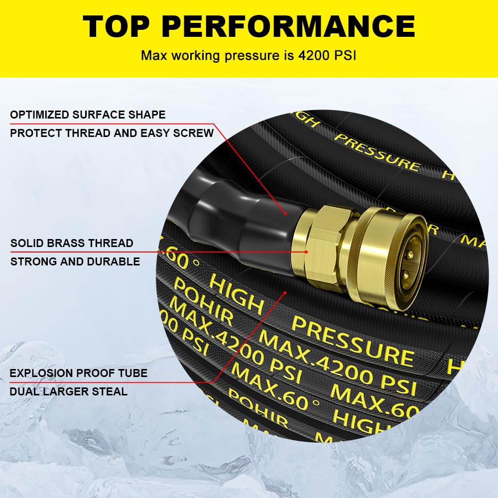 POHIR Pressure Washer Hose with 3/8 Inch Quick Connect, Kink Resistant High Tensile Wire Braided,with 2 pcs M22 14mm Adapter Set, 4200 PSI Power Washer Hose