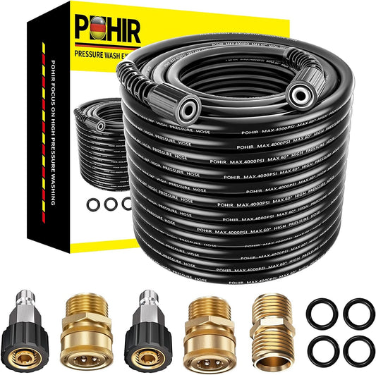 POHIR Pressue Washer Hose 100ft 1/4", 4000 PSI,with M22 Extension Adapter and 4pcs M22 14mm to 3/8 Quick Connect