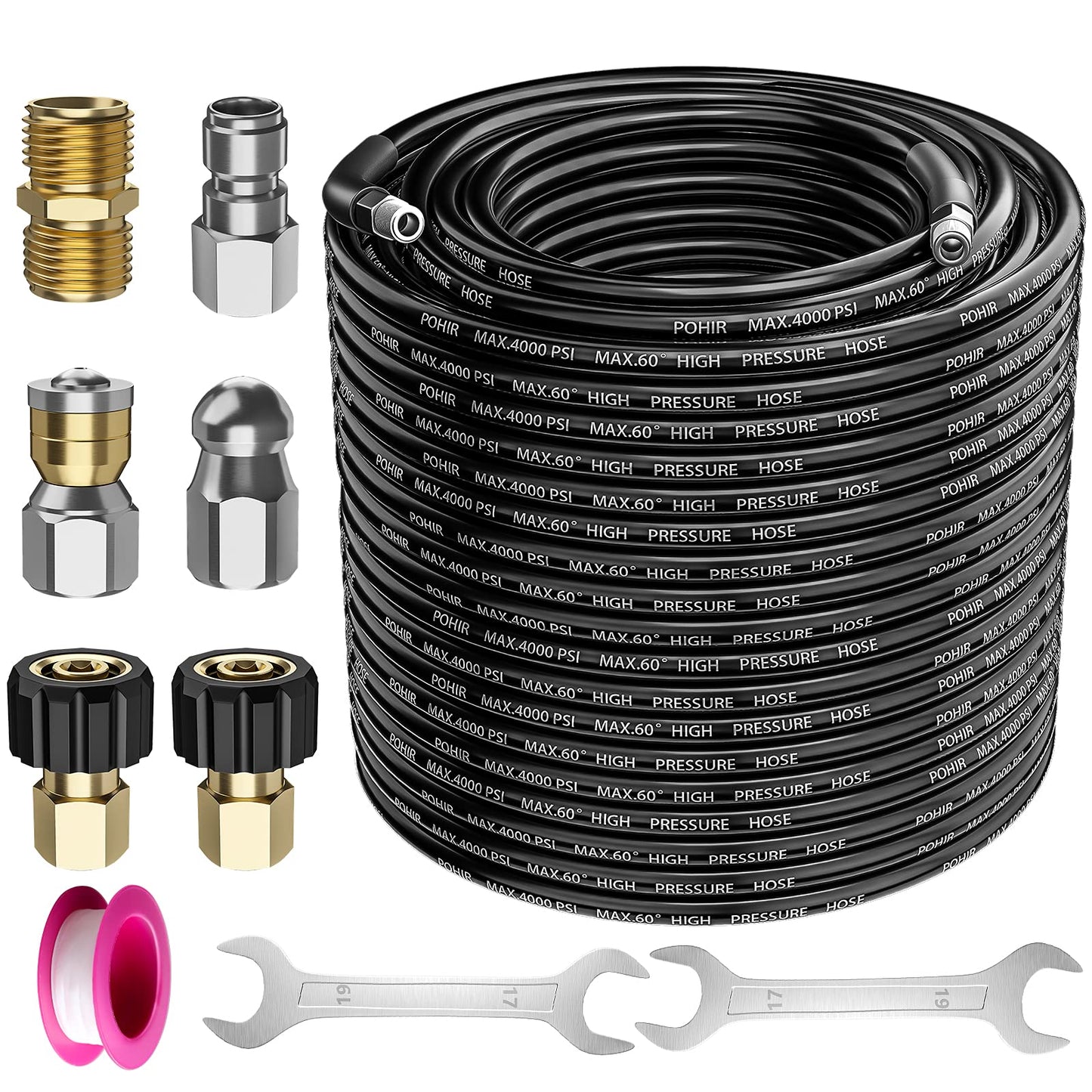 POHIR Sewer Jetter Kit for Pressure Washer 100 ft, Hydro Drain Jetter Cleaner Hose with 1/4 Female NPT, Button Nose, Rotating Sewer Jet Nozzle and Pressure Washer Adapter, 4000 PSI Drain Cleaner Hose