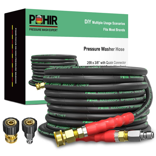 POHIR 3/8 Inch Pressure Washer Hose, 4800PSI, High Tensile Wire Heavy Duty Commercial Grade Hose, 2pcs M22 14mm to 3/8 Quick Connect Accessories