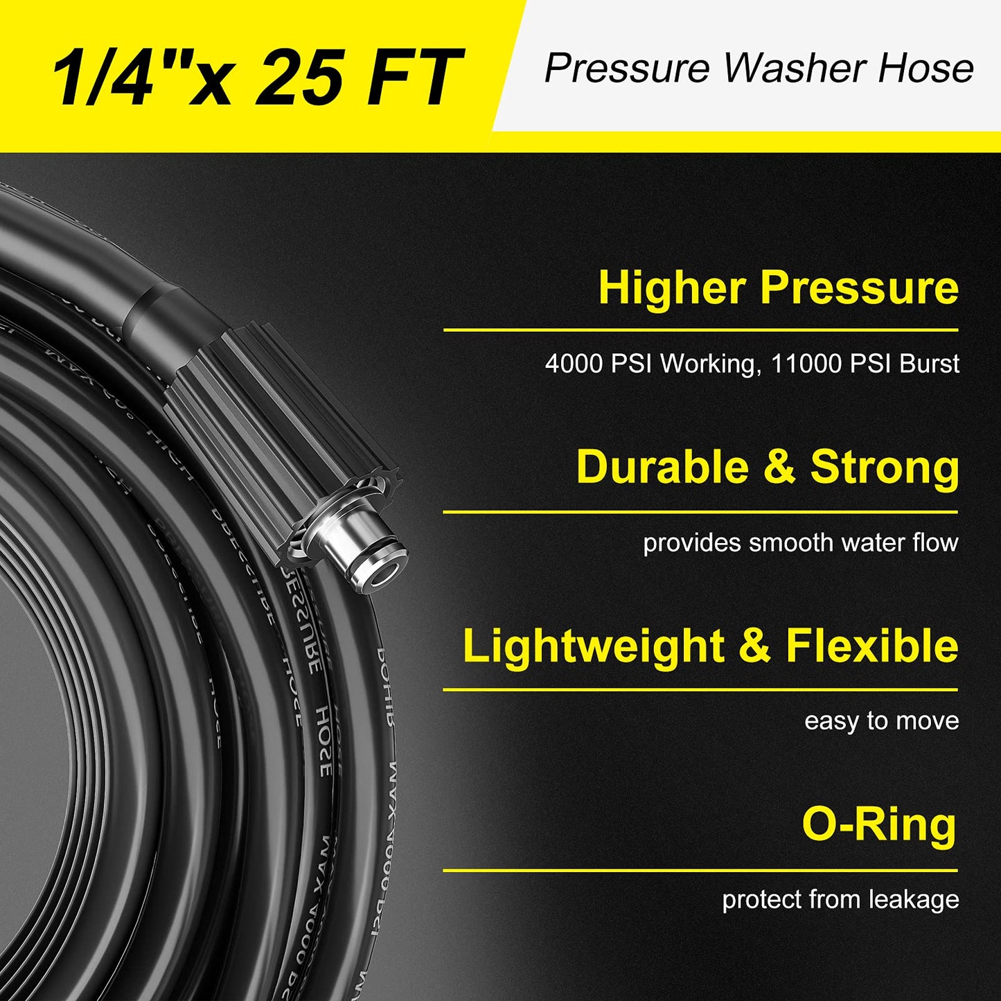 POHIR Pressure Washer Hose 25FT*1/4, Kink Resistant Power Washer Replacement Hose 1/4 Inch with M22 14MM Swivel, Lightweight Pressure Washer Extension Hose 3600 PSI