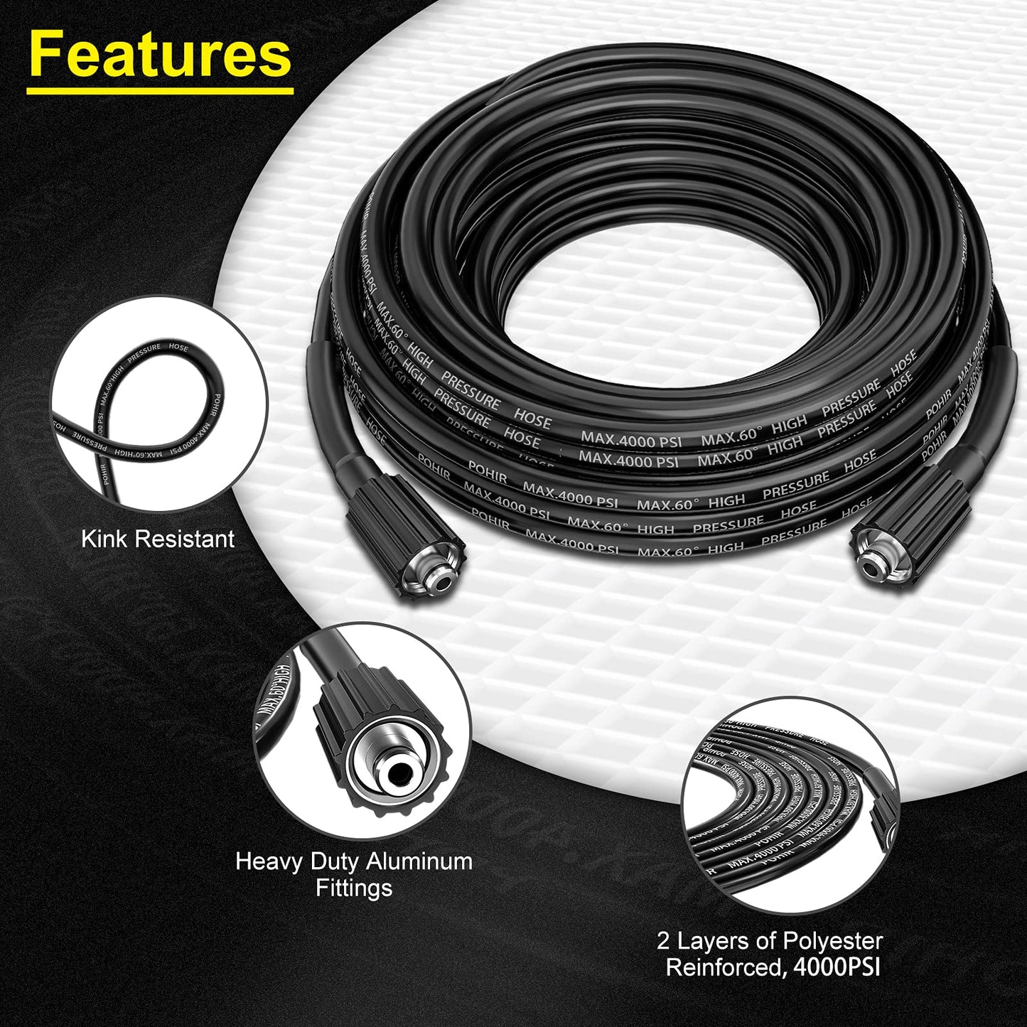 POHIR Pressure Washer Hose 25FT*1/4, Kink Resistant Power Washer Replacement Hose 1/4 Inch with M22 14MM Swivel, Lightweight Pressure Washer Extension Hose 3600 PSI